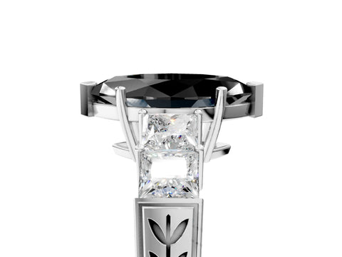 White gold Fancy Black Marquise Cut Solitaire Princess Side Stone Engraved Band Prong Setting Ring_17