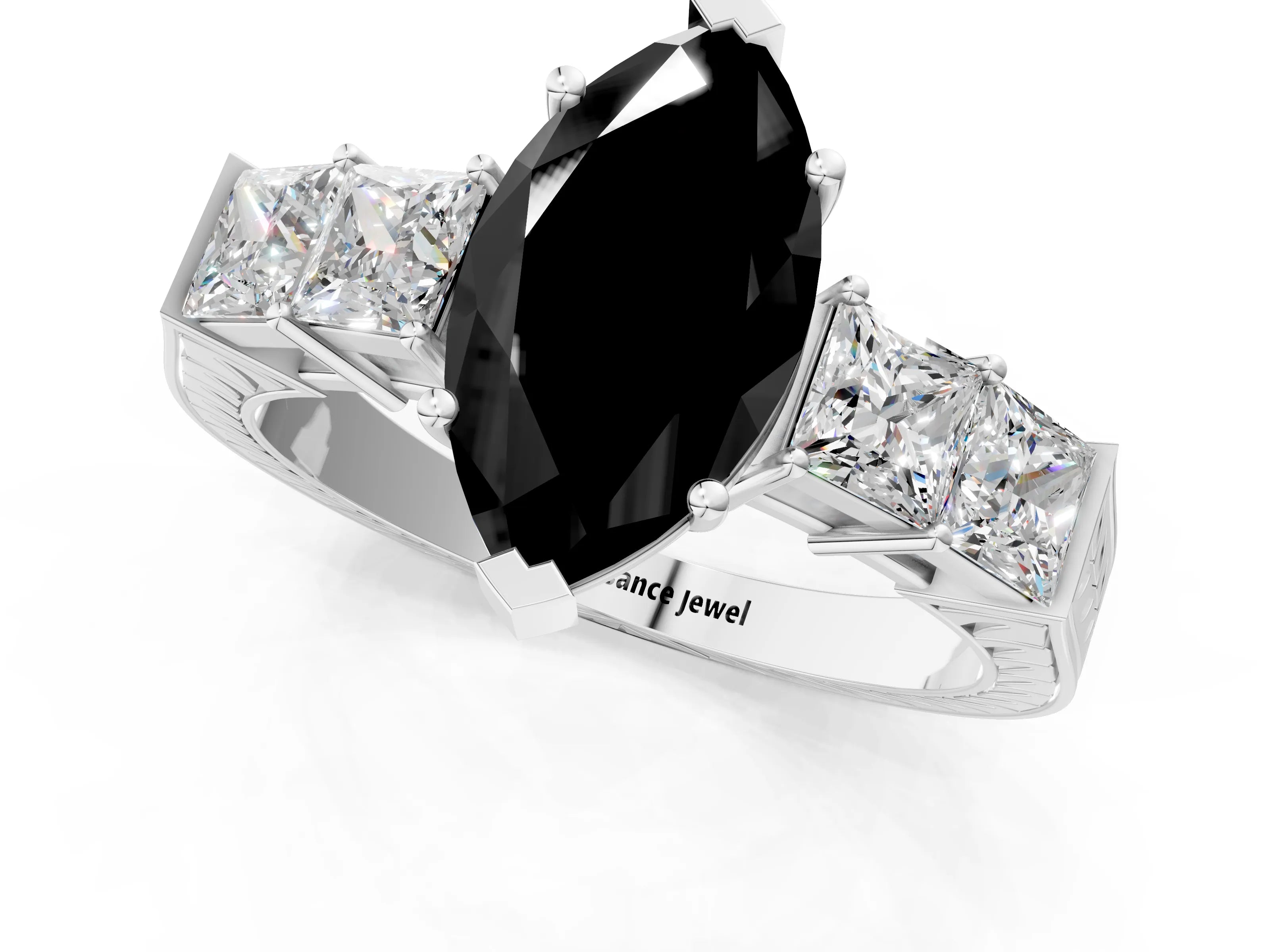White gold Fancy Black Marquise Cut Solitaire Princess Side Stone Engraved Band Prong Setting Ring_1