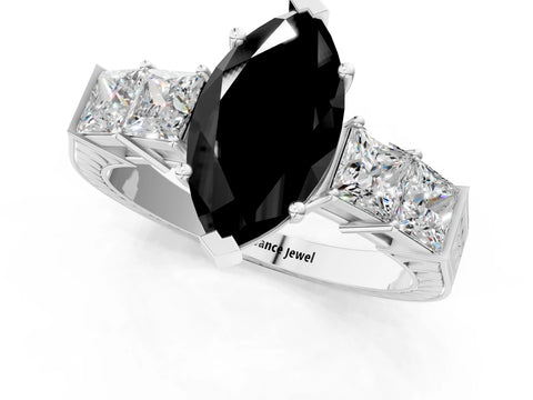 White gold Fancy Black Marquise Cut Solitaire Princess Side Stone Engraved Band Prong Setting Ring_1