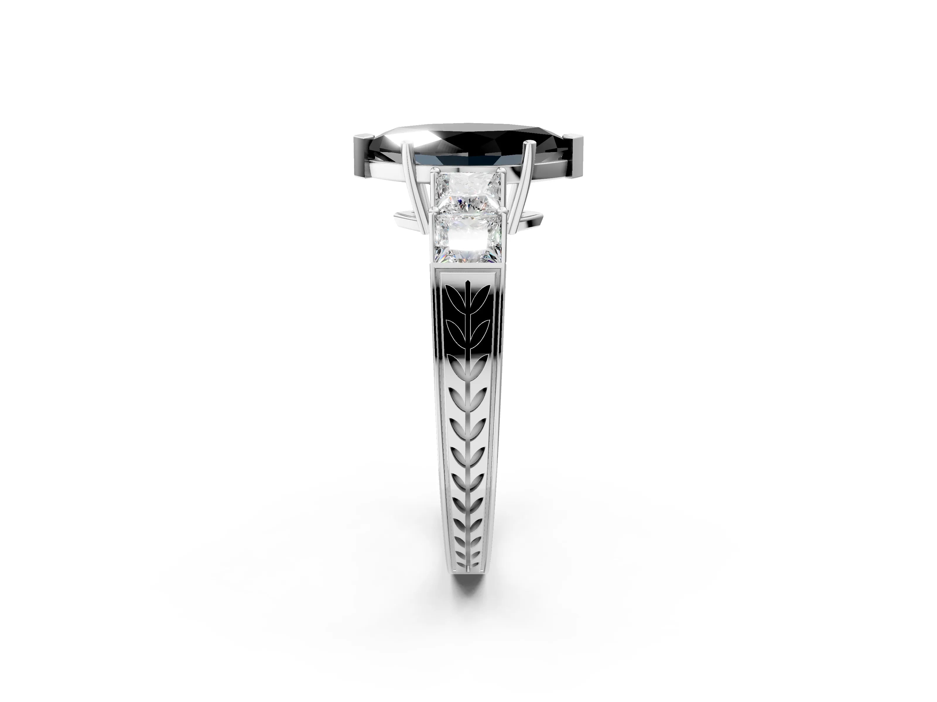 White gold Fancy Black Marquise Cut Solitaire Princess Side Stone Engraved Band Prong Setting Ring_2