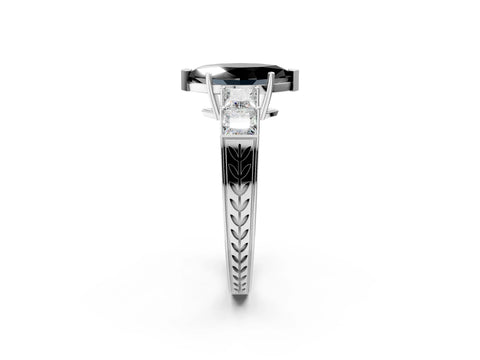 White gold Fancy Black Marquise Cut Solitaire Princess Side Stone Engraved Band Prong Setting Ring_2