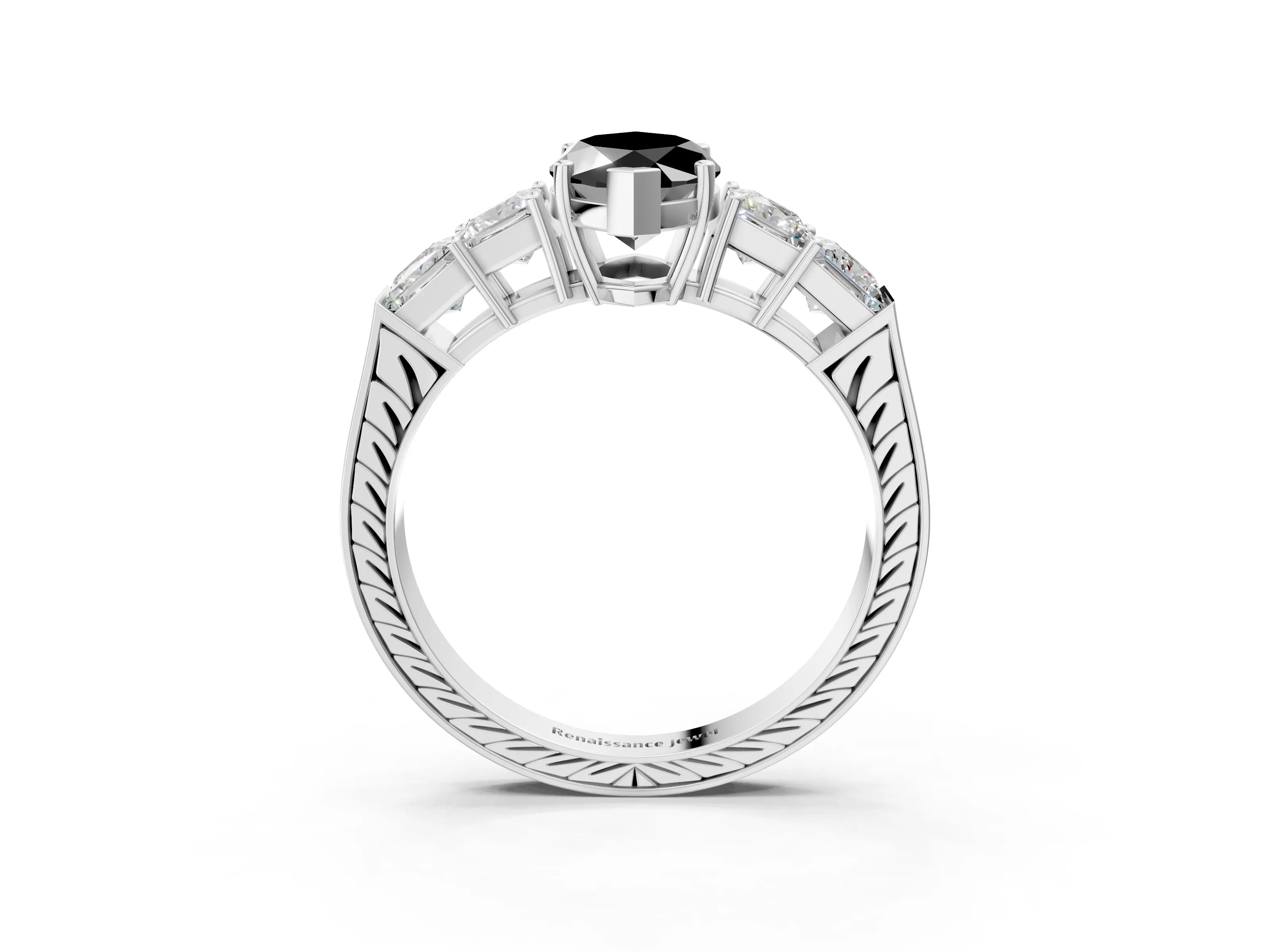 White gold Fancy Black Marquise Cut Solitaire Princess Side Stone Engraved Band Prong Setting Ring_3