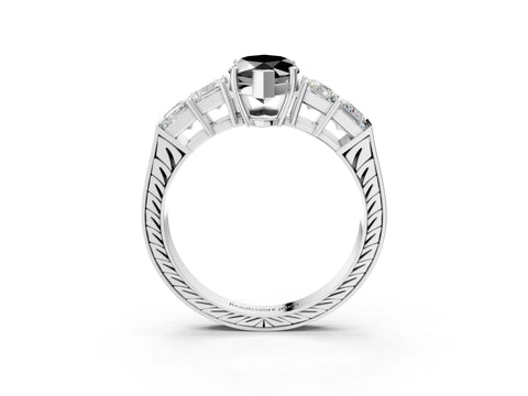 White gold Fancy Black Marquise Cut Solitaire Princess Side Stone Engraved Band Prong Setting Ring_3