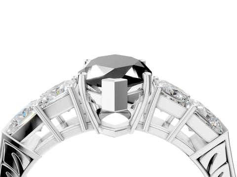 White gold Fancy Black Marquise Cut Solitaire Princess Side Stone Engraved Band Prong Setting Ring_4