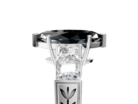 White gold Fancy Black Marquise Cut Solitaire Princess Side Stone Engraved Band Prong Setting Ring_5
