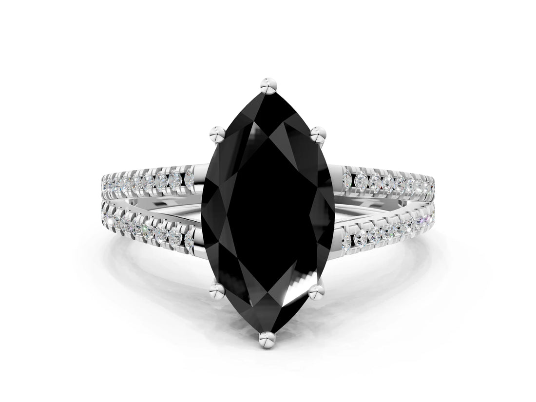White gold Fancy Black Marquise Cut Solitaire Split Shank Pavé Diamond Engagement Ring