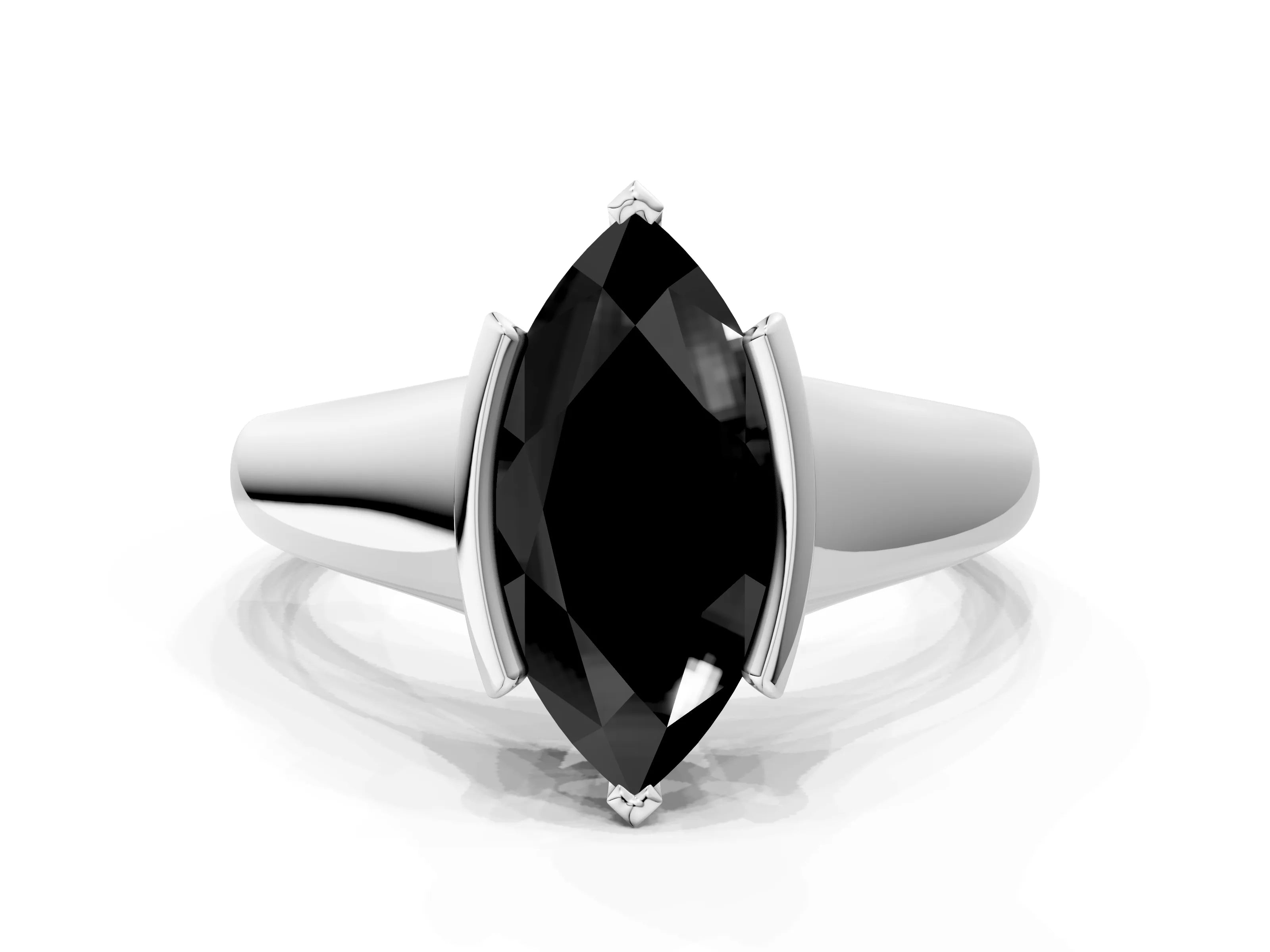 White gold Fancy Black Marquise Cut Solitaire Tension Set Diamond Ring with Split Shank Band
