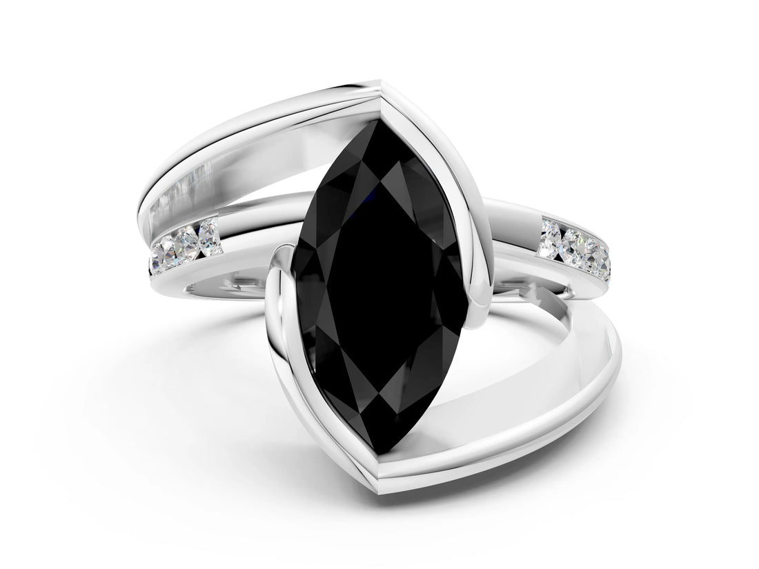 White gold Fancy Black Marquise Cut Solitaire Tension-Set Diamond Split Shank Ring