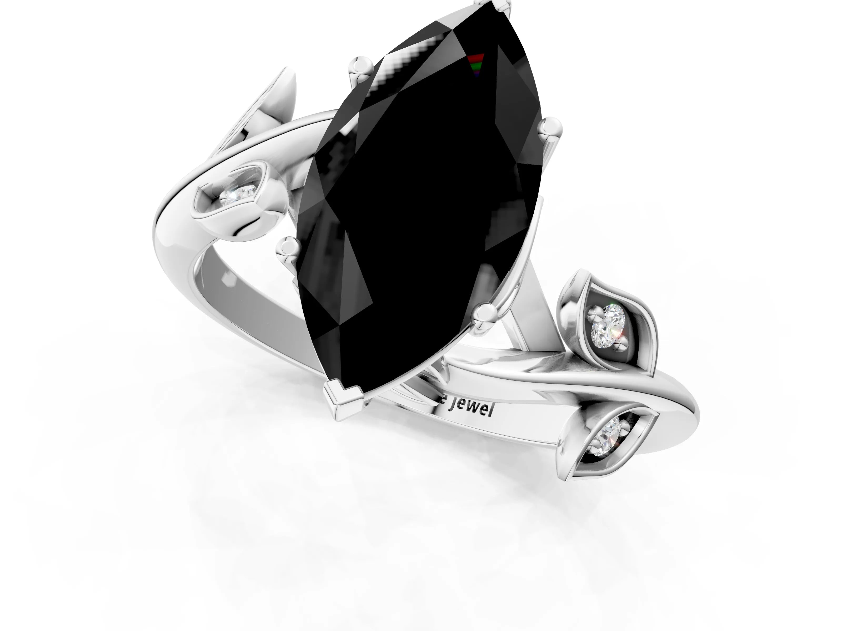 White gold Fancy Black Marquise Cut Solitaire Twist Engagement Ring with Leaf Accents and Prong Setting_1
