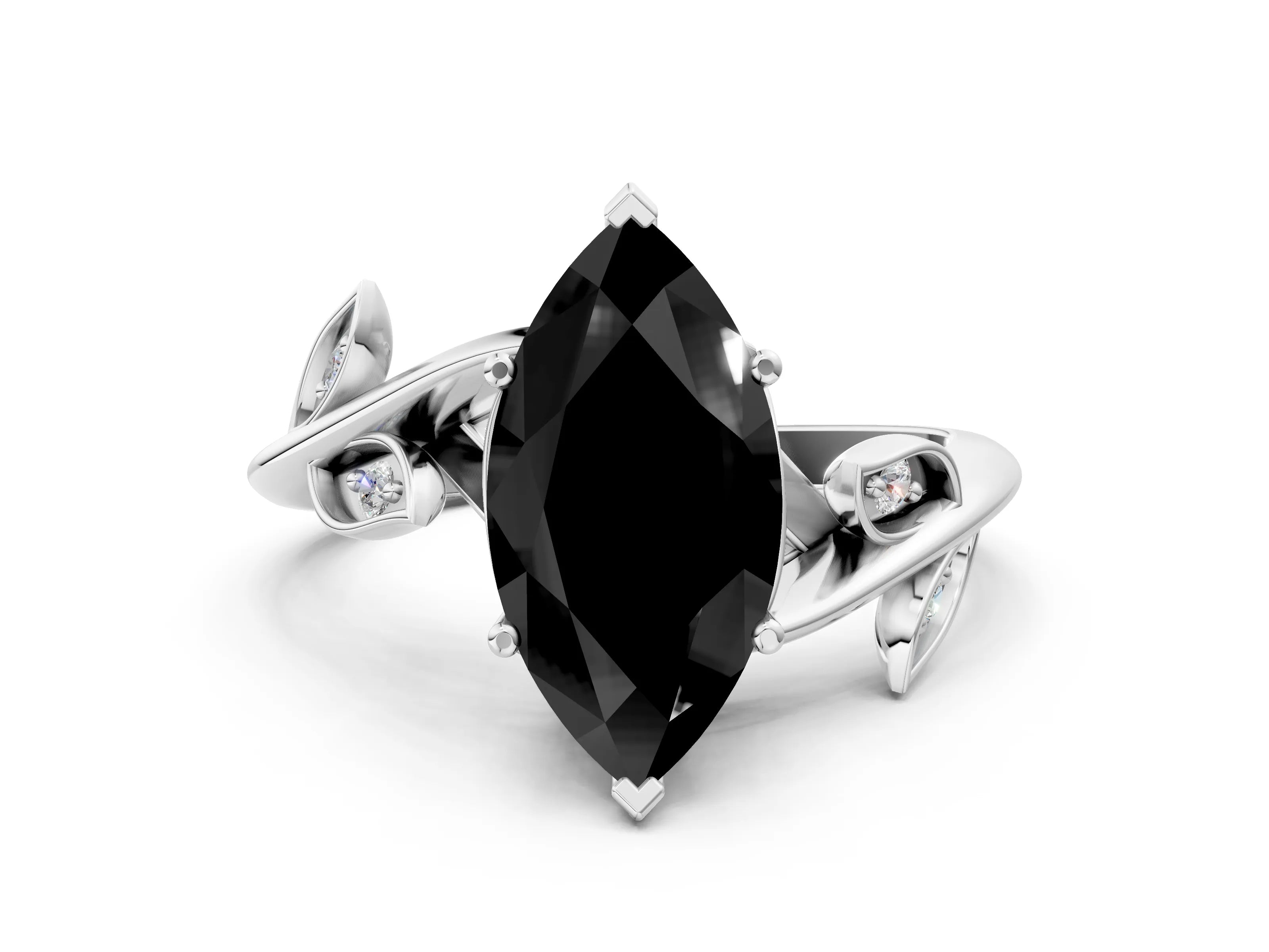 White gold Fancy Black Marquise Cut Solitaire Twist Engagement Ring with Leaf Accents and Prong Setting_12