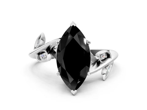 White gold Fancy Black Marquise Cut Solitaire Twist Engagement Ring with Leaf Accents and Prong Setting_12