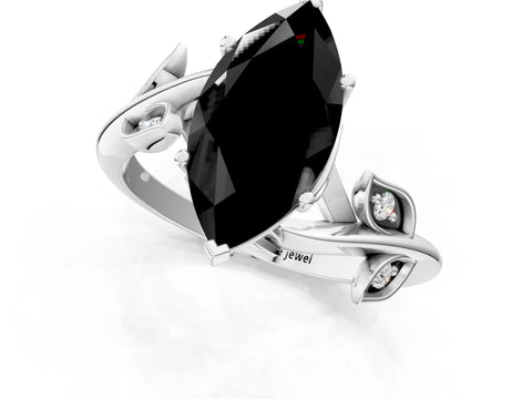 White gold Fancy Black Marquise Cut Solitaire Twist Engagement Ring with Leaf Accents and Prong Setting_13