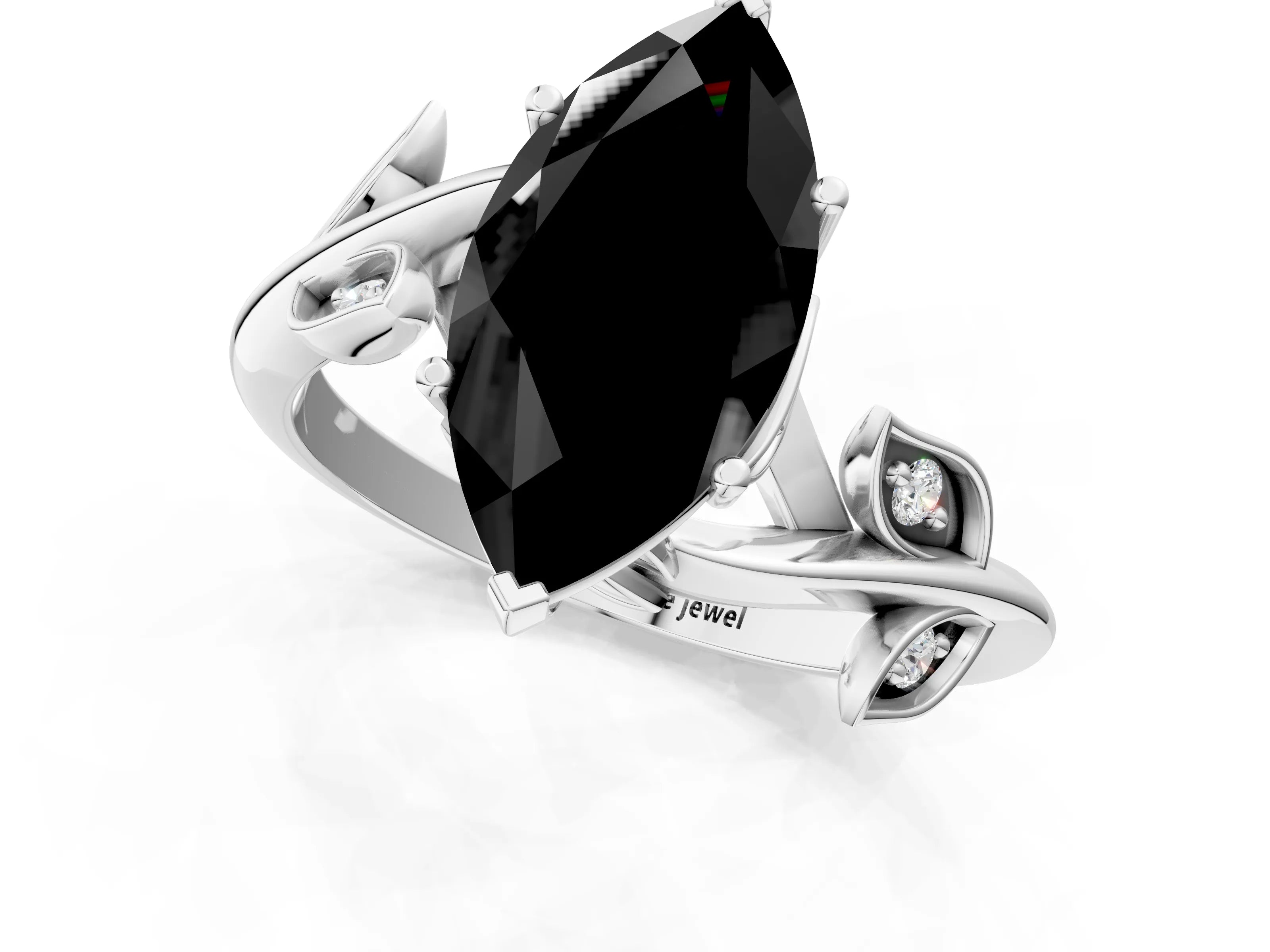 White gold Fancy Black Marquise Cut Solitaire Twist Engagement Ring with Leaf Accents and Prong Setting_13
