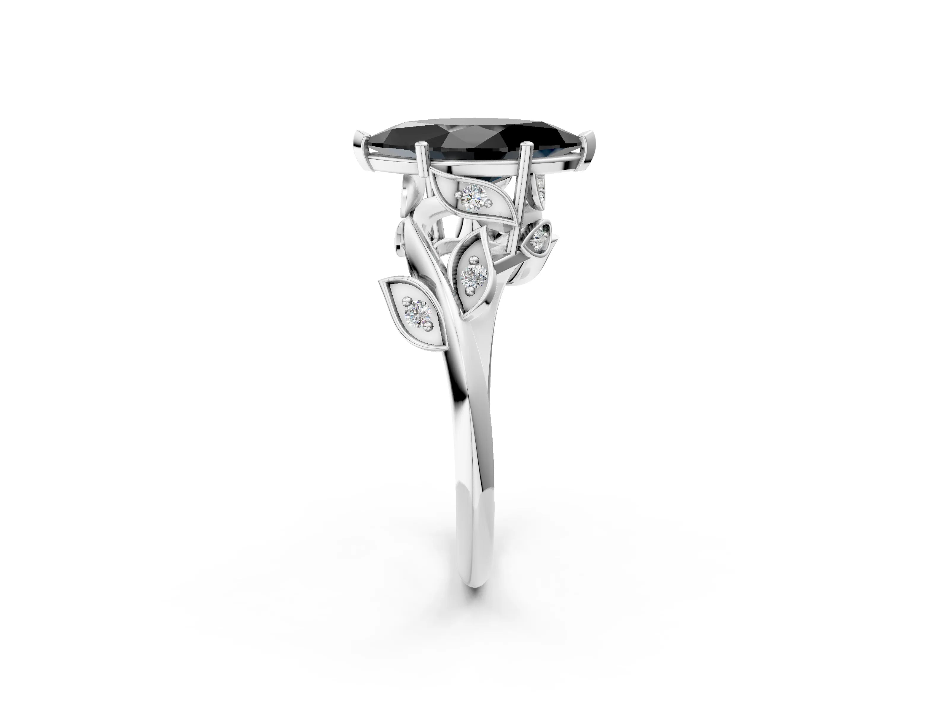 White gold Fancy Black Marquise Cut Solitaire Twist Engagement Ring with Leaf Accents and Prong Setting_14