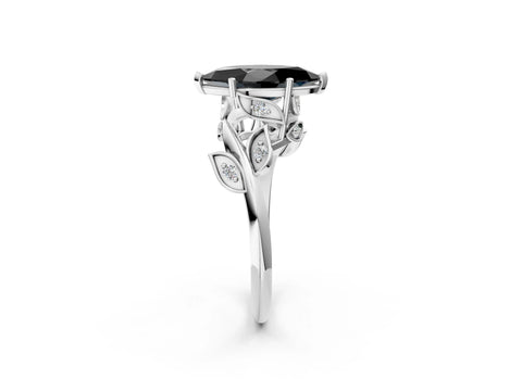 White gold Fancy Black Marquise Cut Solitaire Twist Engagement Ring with Leaf Accents and Prong Setting_14
