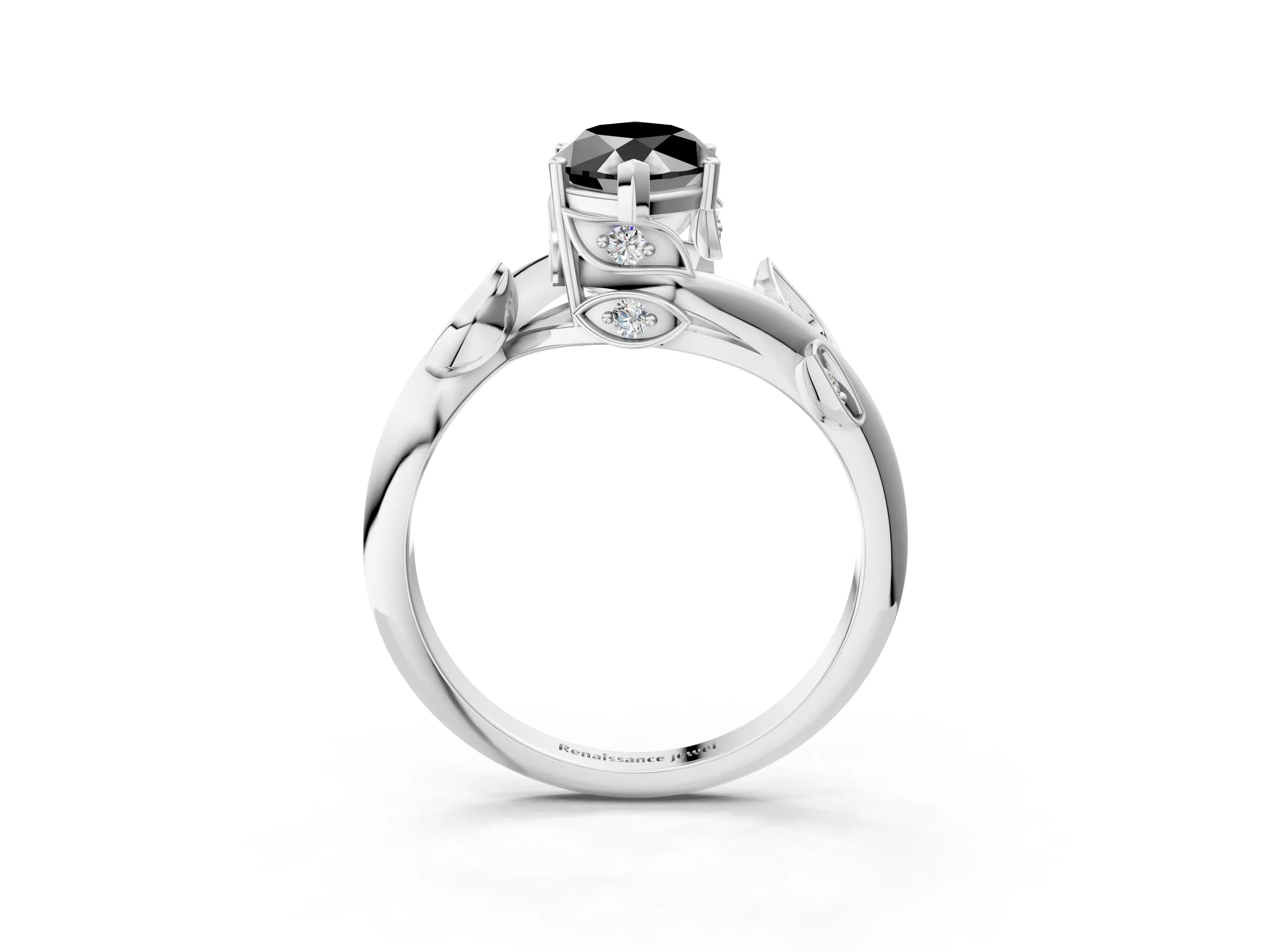 White gold Fancy Black Marquise Cut Solitaire Twist Engagement Ring with Leaf Accents and Prong Setting_15