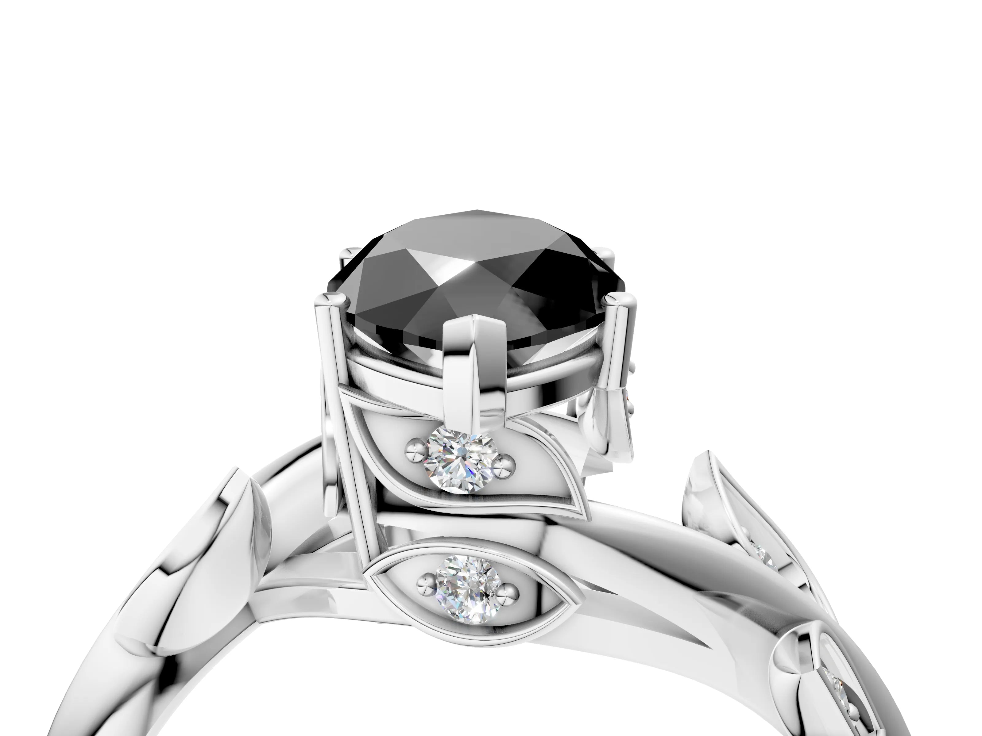 White gold Fancy Black Marquise Cut Solitaire Twist Engagement Ring with Leaf Accents and Prong Setting_16