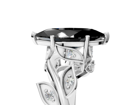 White gold Fancy Black Marquise Cut Solitaire Twist Engagement Ring with Leaf Accents and Prong Setting_17