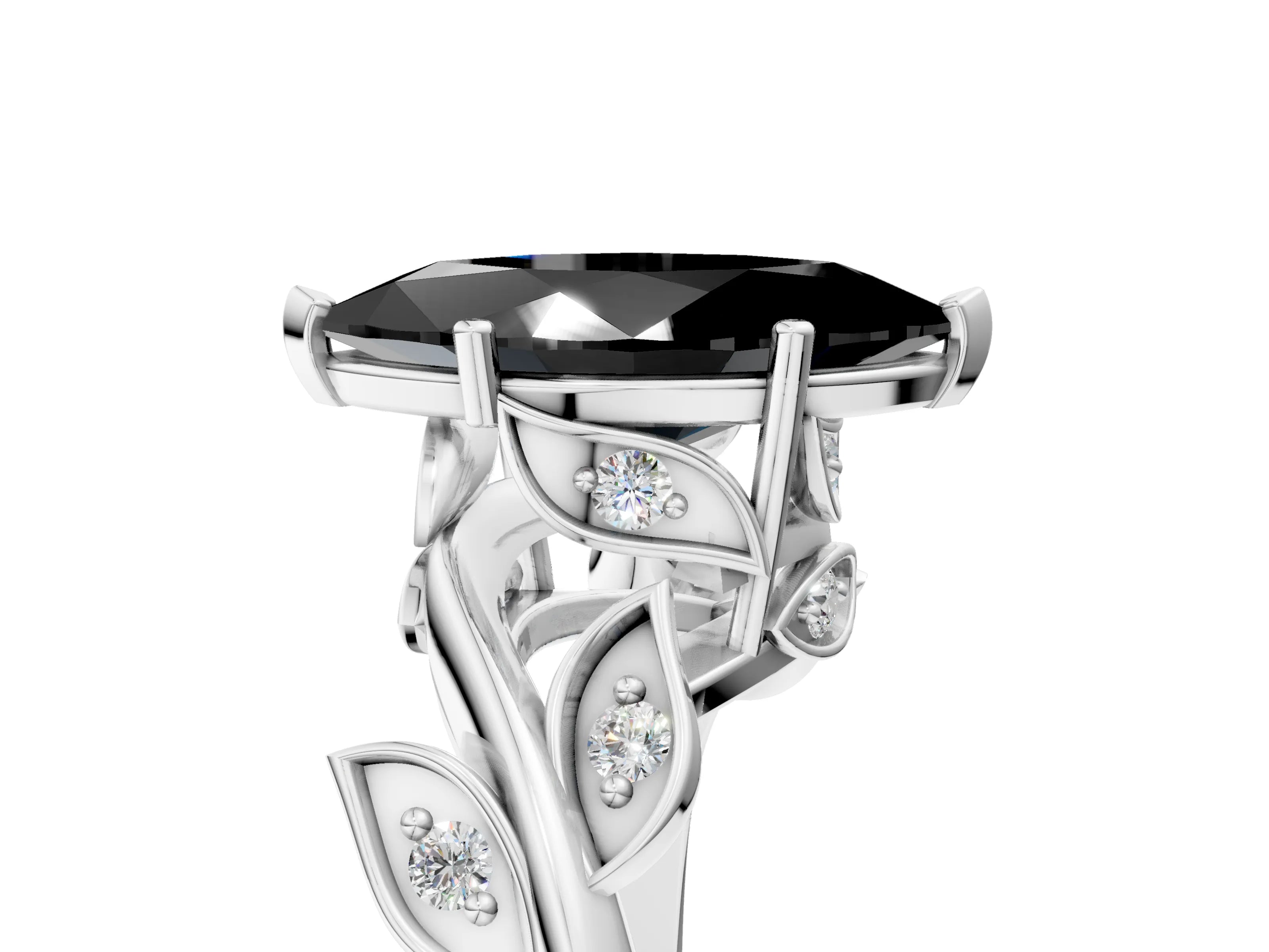 White gold Fancy Black Marquise Cut Solitaire Twist Engagement Ring with Leaf Accents and Prong Setting_17