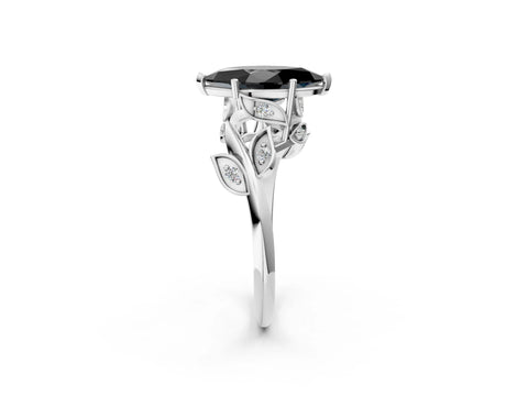 White gold Fancy Black Marquise Cut Solitaire Twist Engagement Ring with Leaf Accents and Prong Setting_2