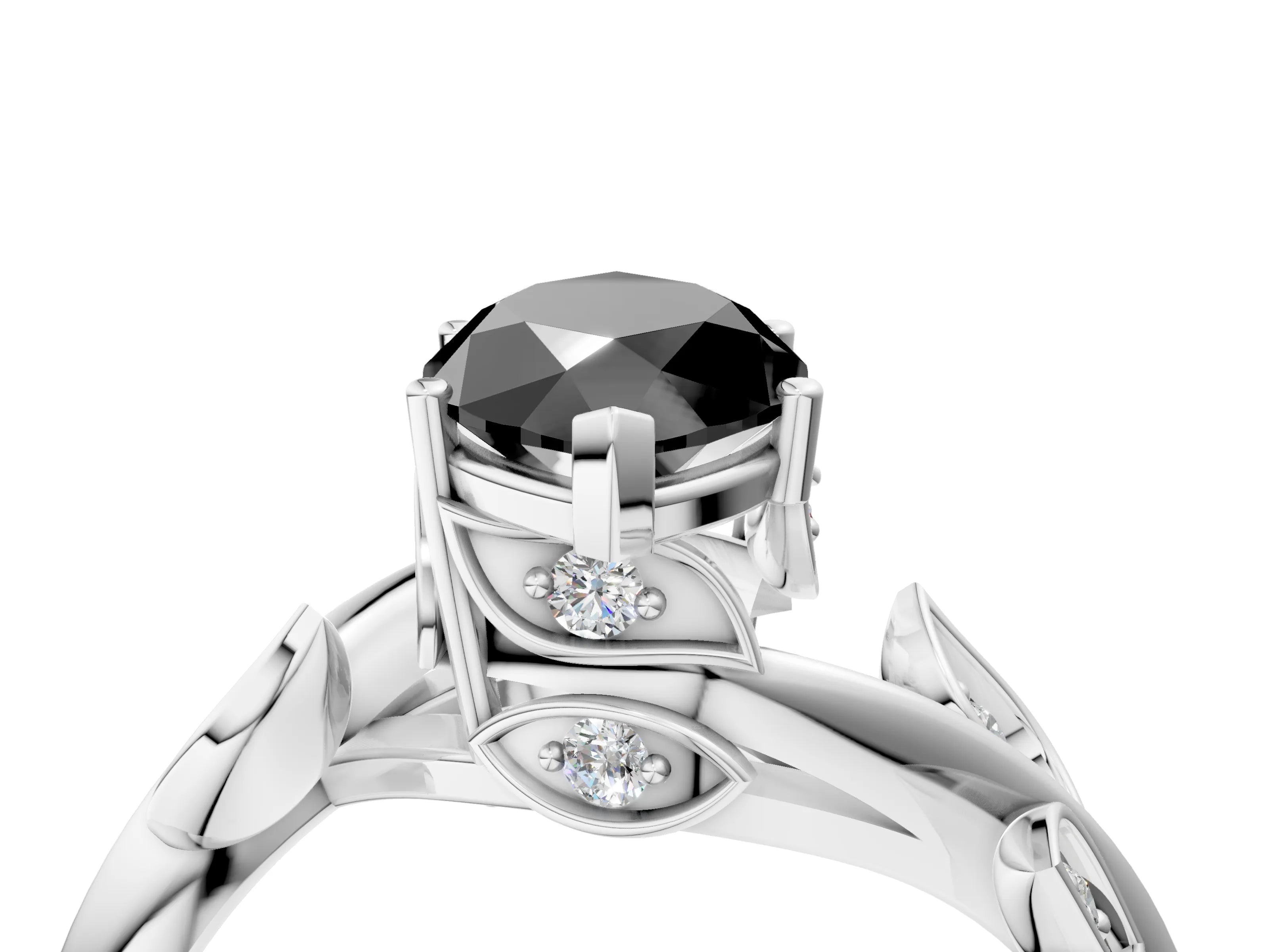White gold Fancy Black Marquise Cut Solitaire Twist Engagement Ring with Leaf Accents and Prong Setting_4