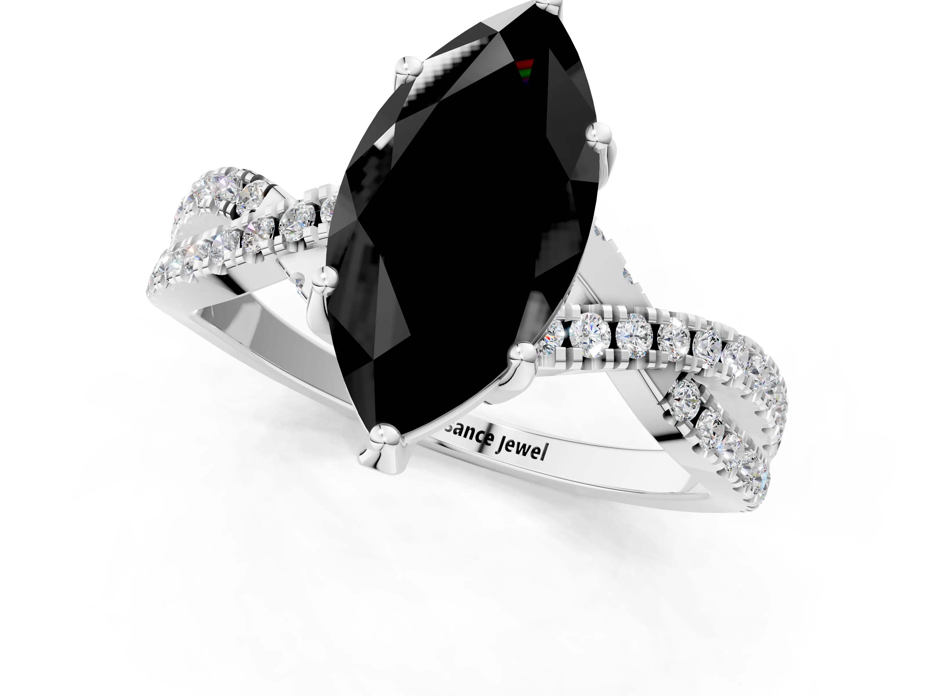 White gold Fancy Black Marquise Cut Solitaire Twist Pave Diamond Engagement Ring with Prong Setting_19
