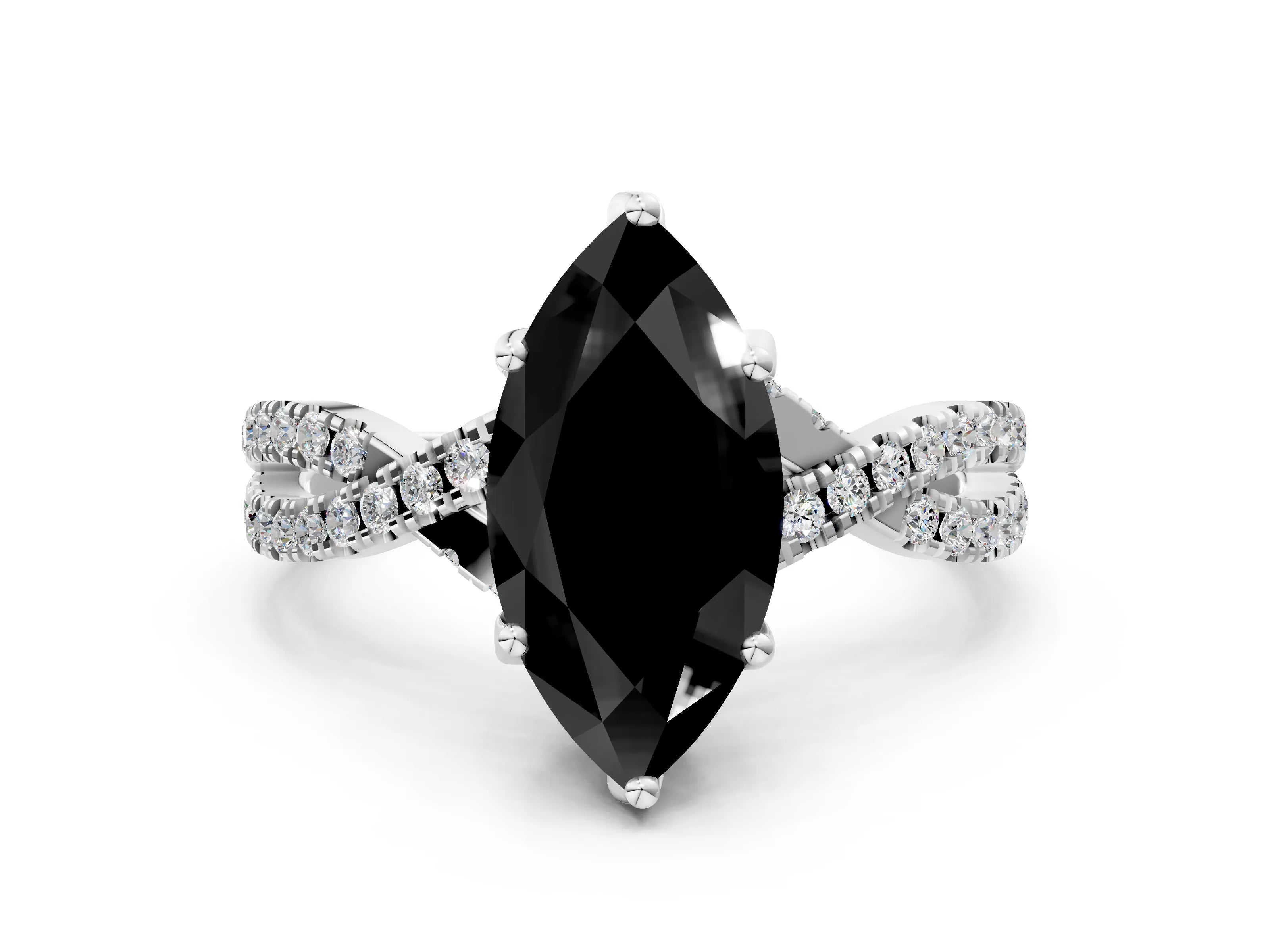 White gold Fancy Black Marquise Cut Solitaire Twist Pave Diamond Engagement Ring with Prong Setting