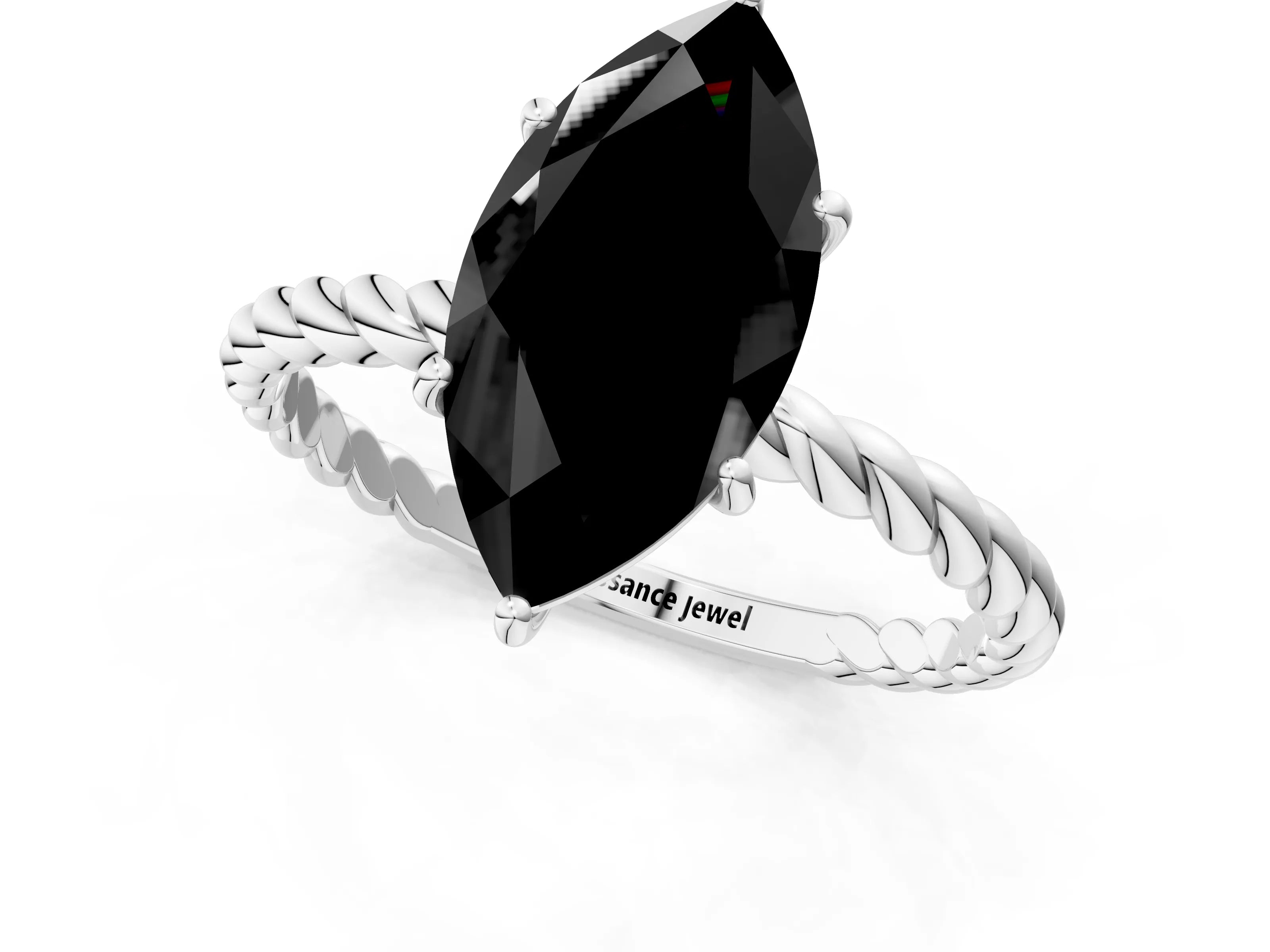 White gold Fancy Black Marquise Cut Solitaire Twisted Band 4-Prong Ring_25