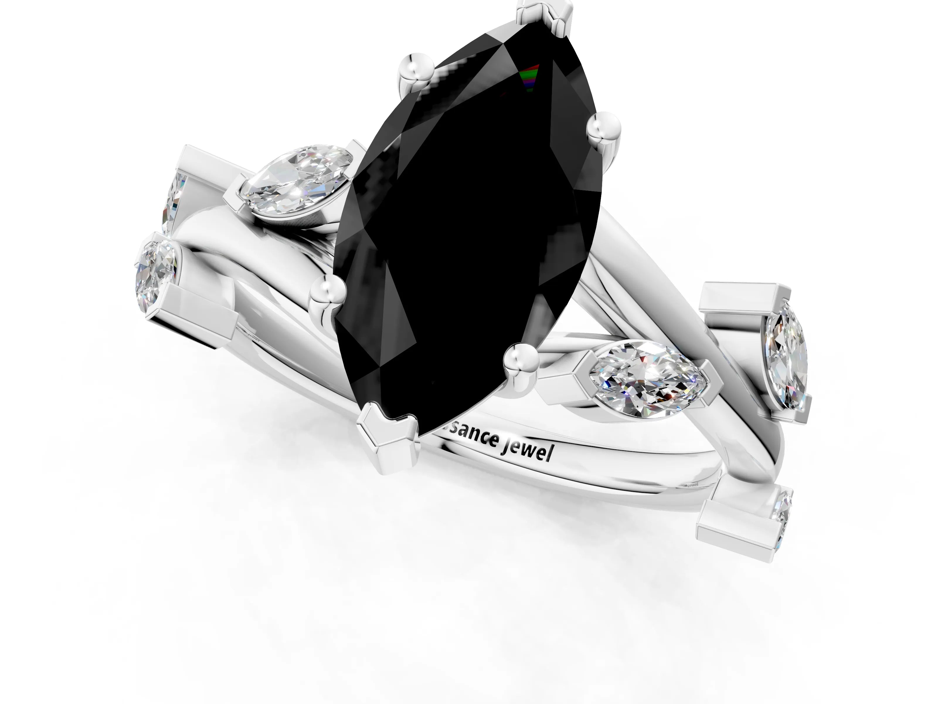 White gold Fancy Black Marquise Cut Solitaire Twisted Band Marquise Accent Prong Setting Ring_1