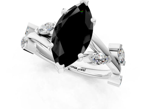White gold Fancy Black Marquise Cut Solitaire Twisted Band Marquise Accent Prong Setting Ring_1