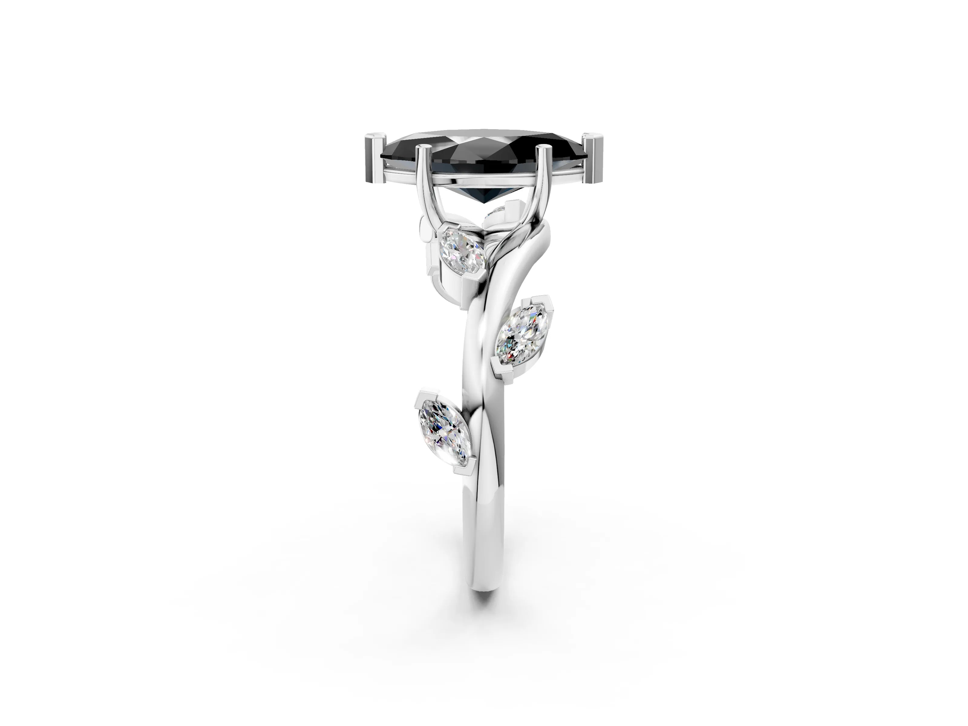 White gold Fancy Black Marquise Cut Solitaire Twisted Band Marquise Accent Prong Setting Ring_2