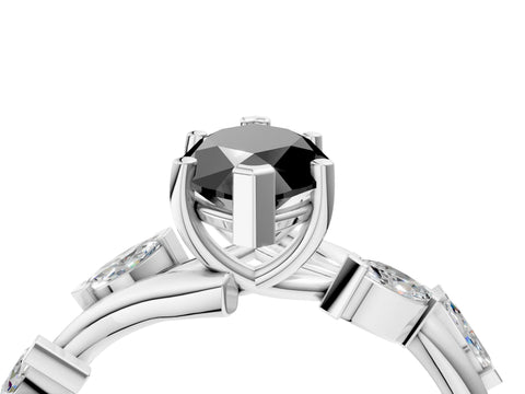 White gold Fancy Black Marquise Cut Solitaire Twisted Band Marquise Accent Prong Setting Ring_4