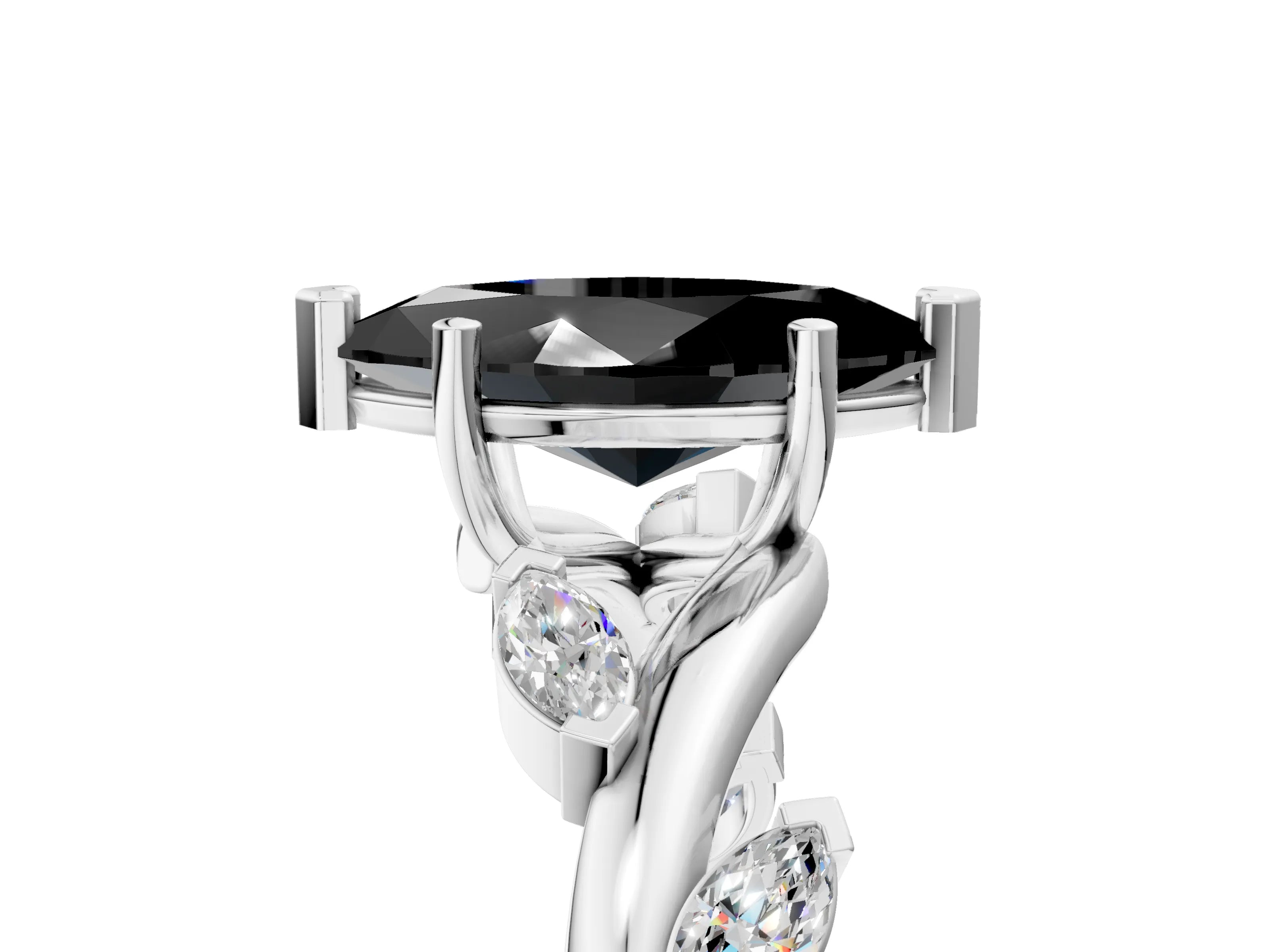 White gold Fancy Black Marquise Cut Solitaire Twisted Band Marquise Accent Prong Setting Ring_5