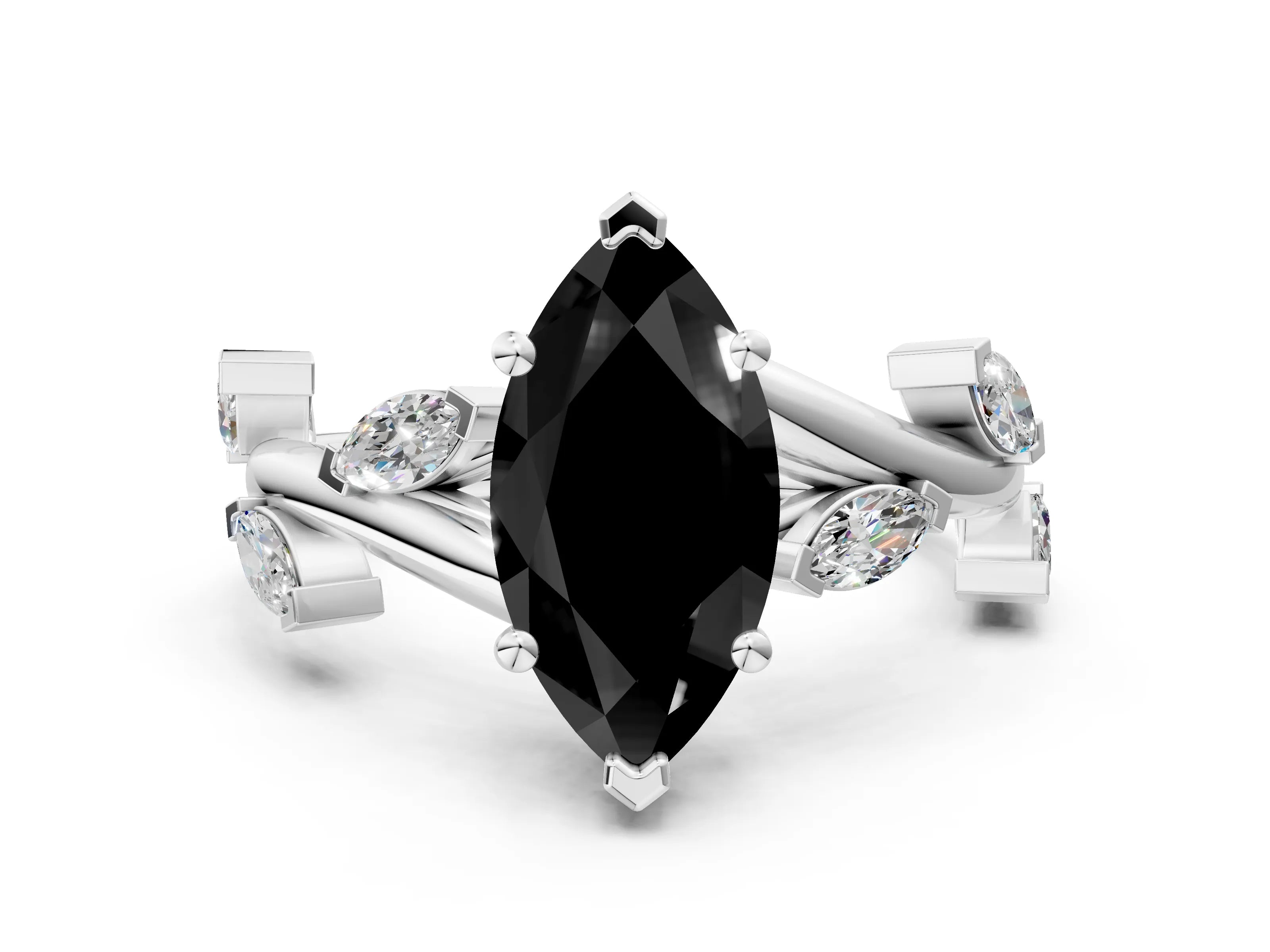 White gold Fancy Black Marquise Cut Solitaire Twisted Band Marquise Accent Prong Setting Ring