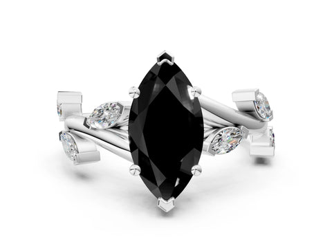 White gold Fancy Black Marquise Cut Solitaire Twisted Band Marquise Accent Prong Setting Ring