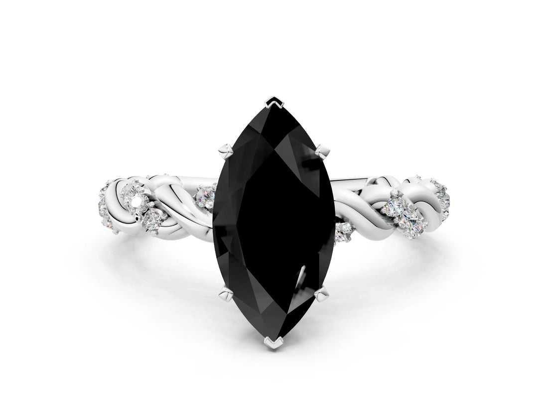 White gold Fancy Black Marquise Cut Solitaire Twisted Band with Pavé Accents and Four-Prong Setting