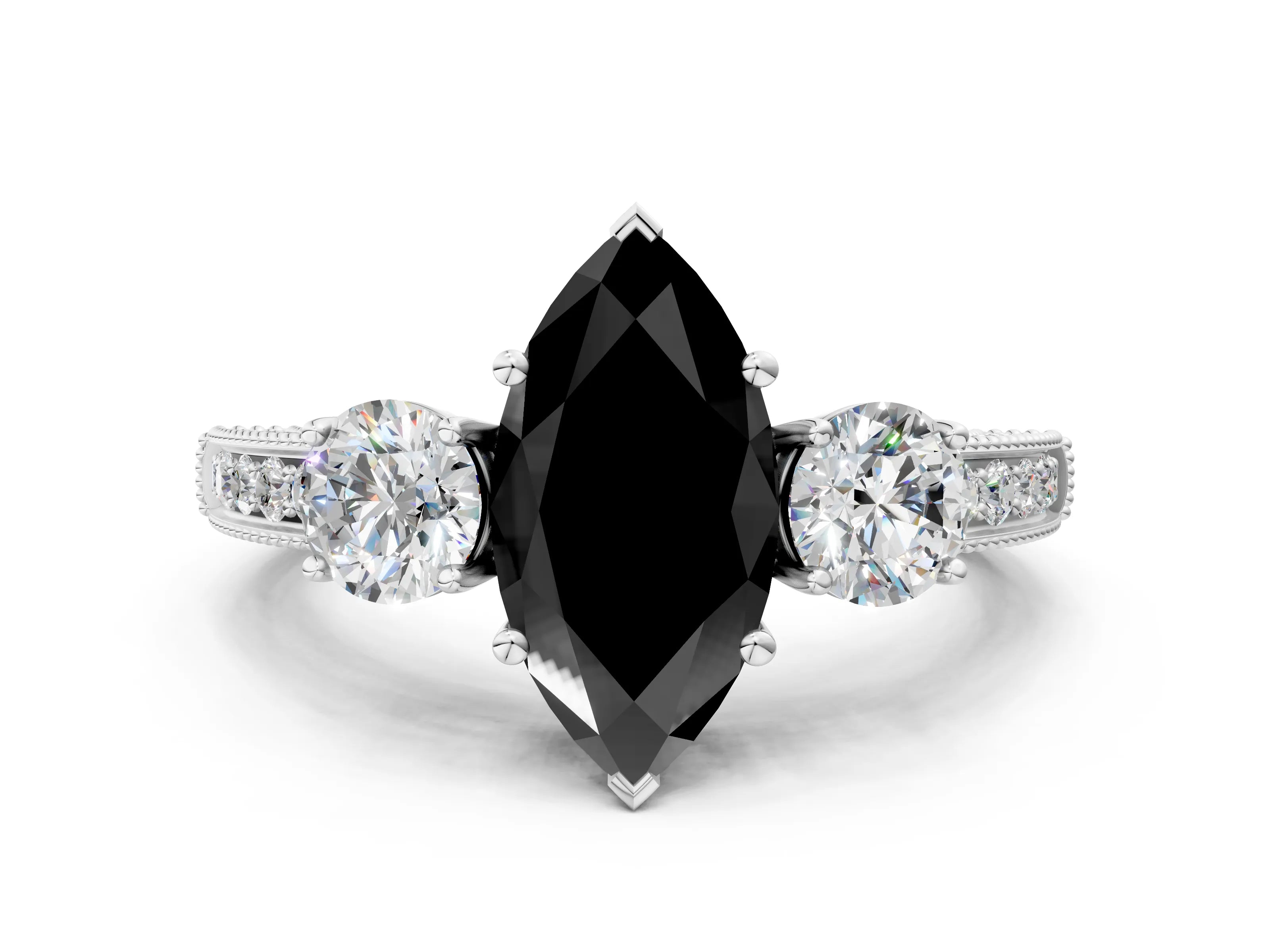 White gold Fancy Black Marquise Cut Three-Stone Diamond Ring with Pavé Band and Four-Prong Setting
