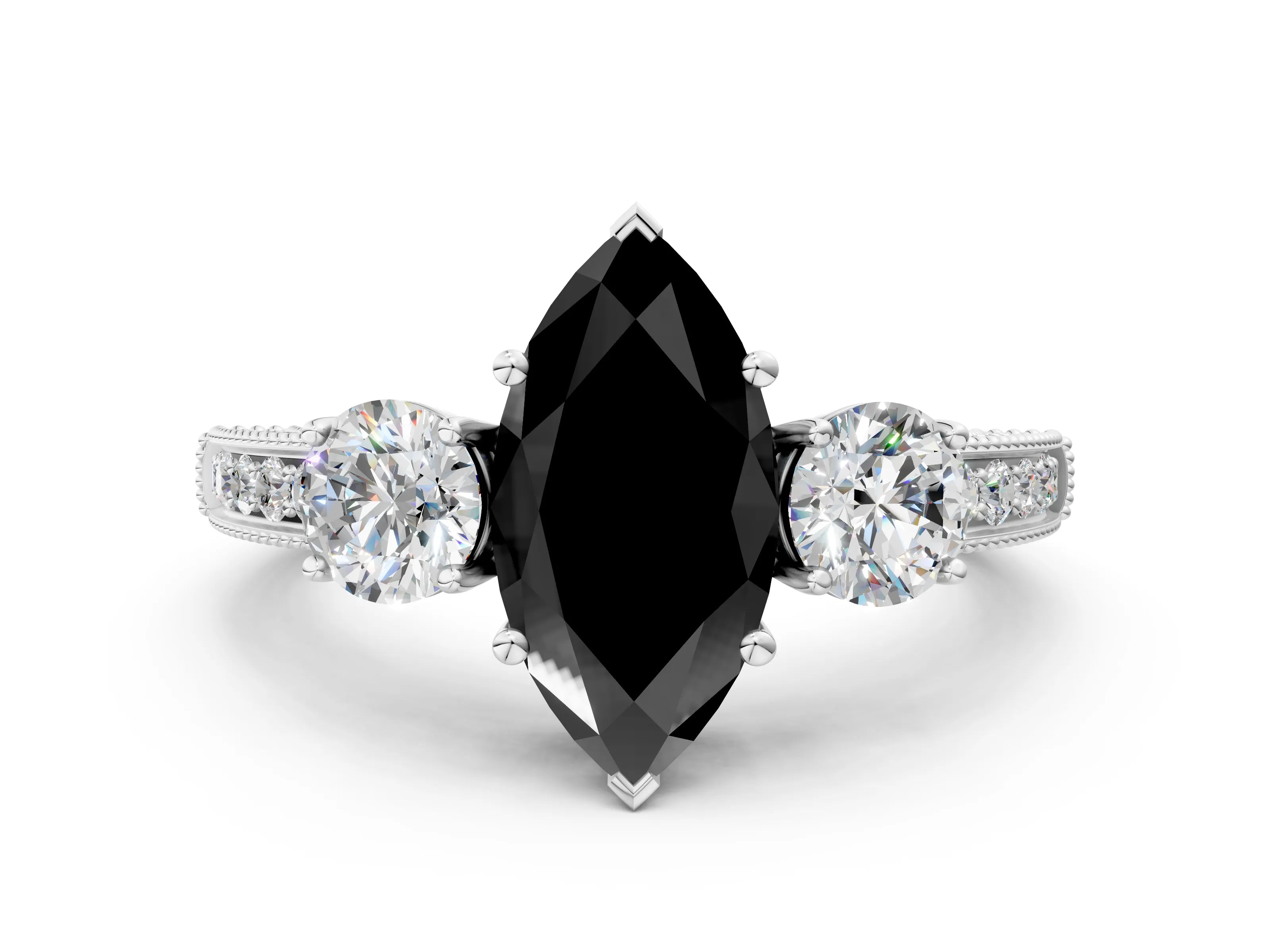 White gold Fancy Black Marquise Cut Three-Stone Diamond Ring with Pavé Band and Four-Prong Setting_12
