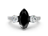 White gold Fancy Black Marquise Cut Three-Stone Diamond Ring with Pavé Band and Four-Prong Setting_12