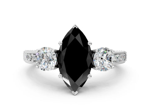 White gold Fancy Black Marquise Cut Three-Stone Diamond Ring with Pavé Band and Four-Prong Setting_12