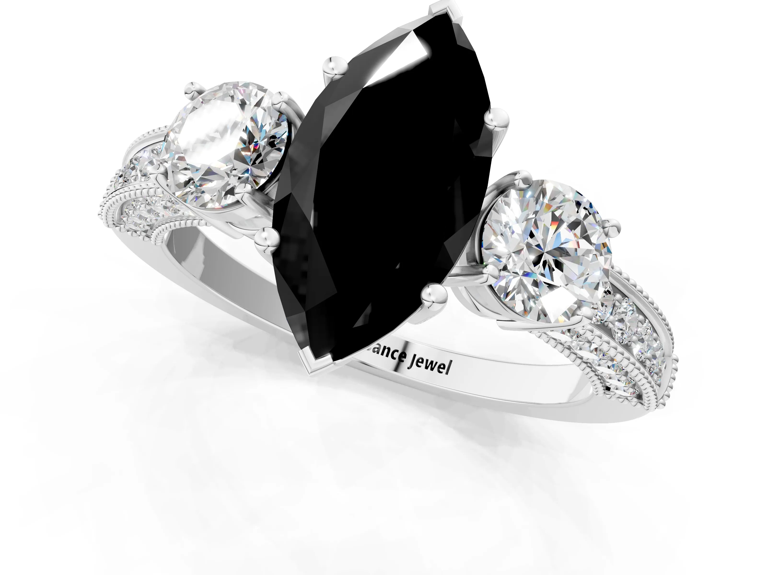 White gold Fancy Black Marquise Cut Three-Stone Diamond Ring with Pavé Band and Four-Prong Setting_13