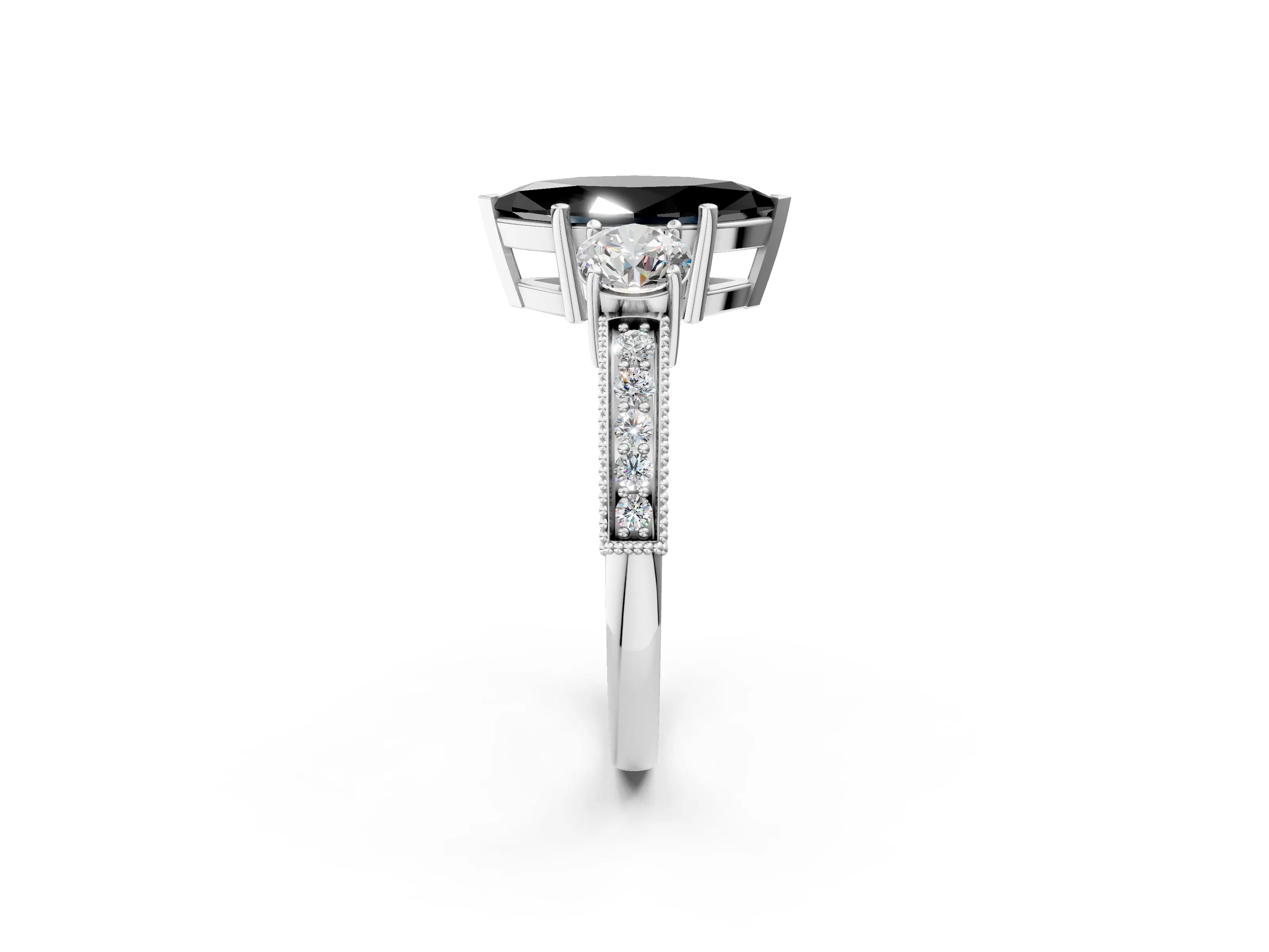 White gold Fancy Black Marquise Cut Three-Stone Diamond Ring with Pavé Band and Four-Prong Setting_14