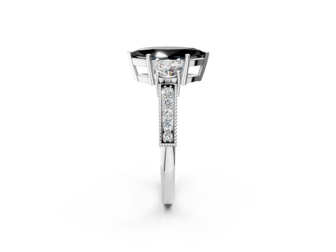 White gold Fancy Black Marquise Cut Three-Stone Diamond Ring with Pavé Band and Four-Prong Setting_14