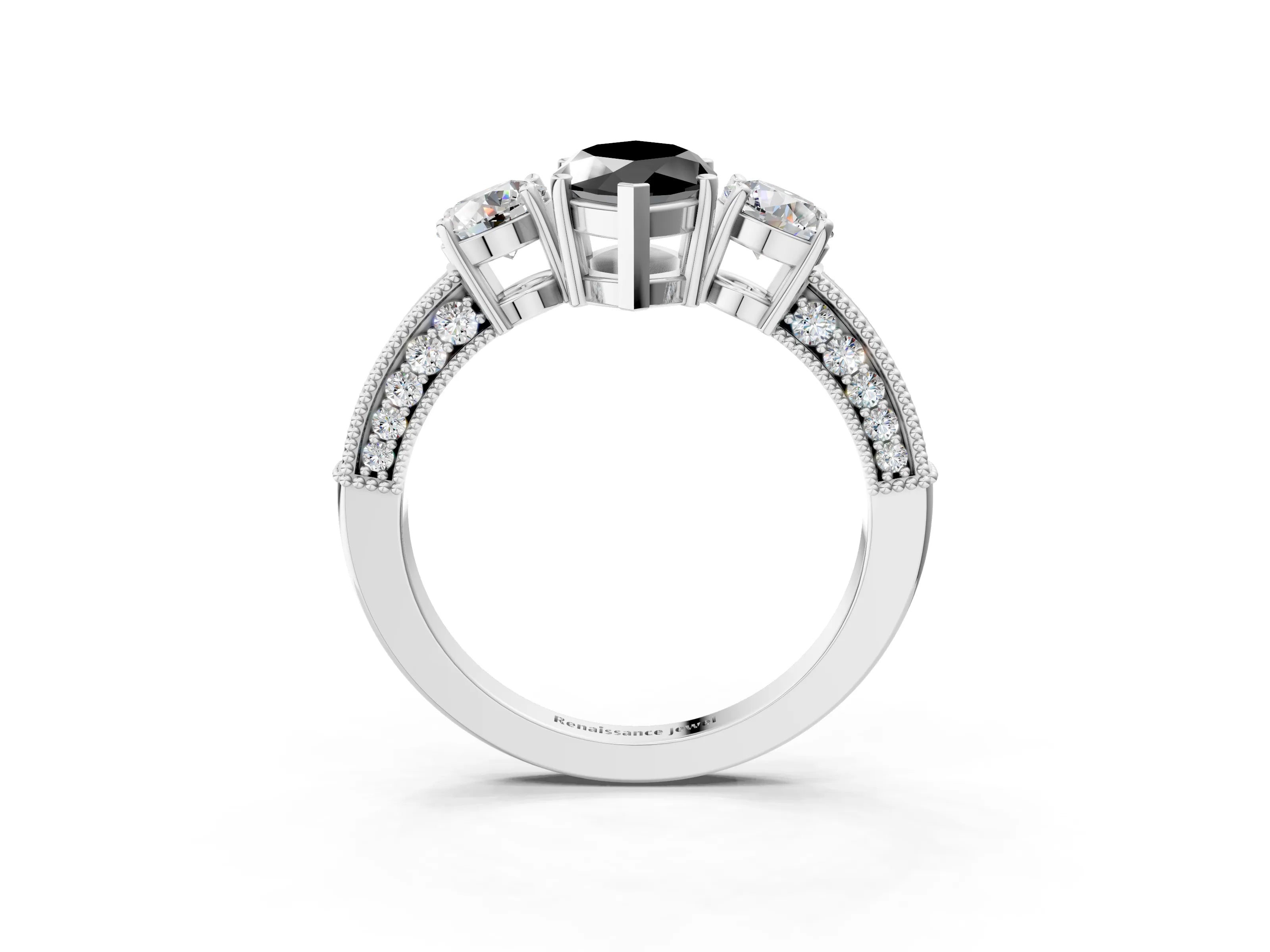 White gold Fancy Black Marquise Cut Three-Stone Diamond Ring with Pavé Band and Four-Prong Setting_15