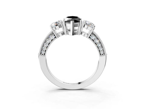 White gold Fancy Black Marquise Cut Three-Stone Diamond Ring with Pavé Band and Four-Prong Setting_15