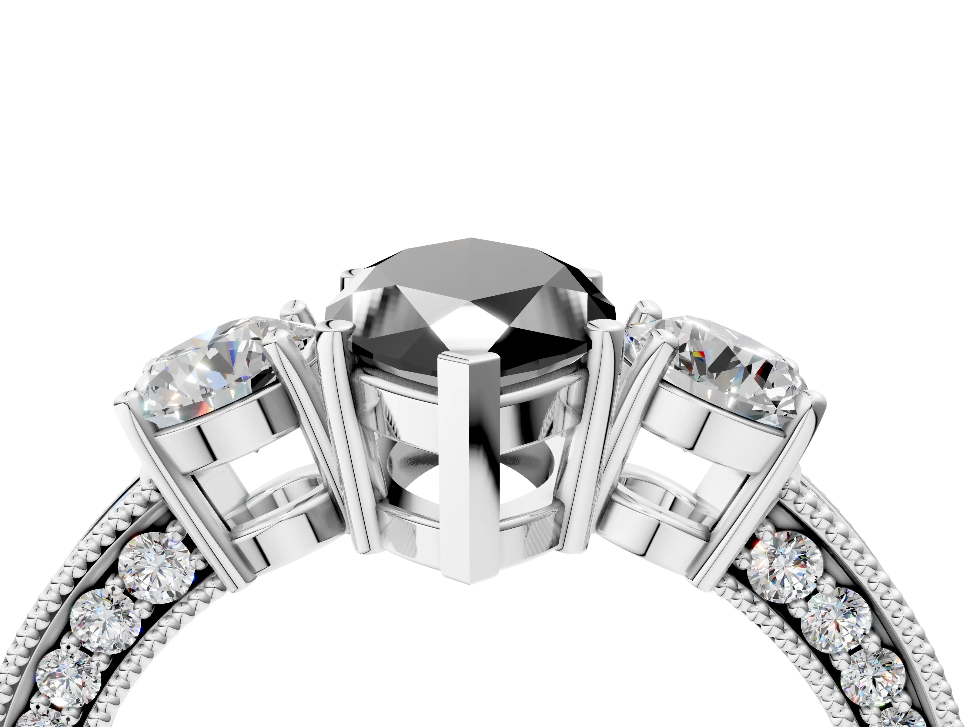 White gold Fancy Black Marquise Cut Three-Stone Diamond Ring with Pavé Band and Four-Prong Setting_16