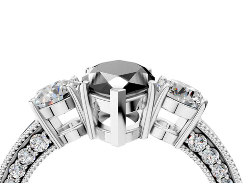 White gold Fancy Black Marquise Cut Three-Stone Diamond Ring with Pavé Band and Four-Prong Setting_16