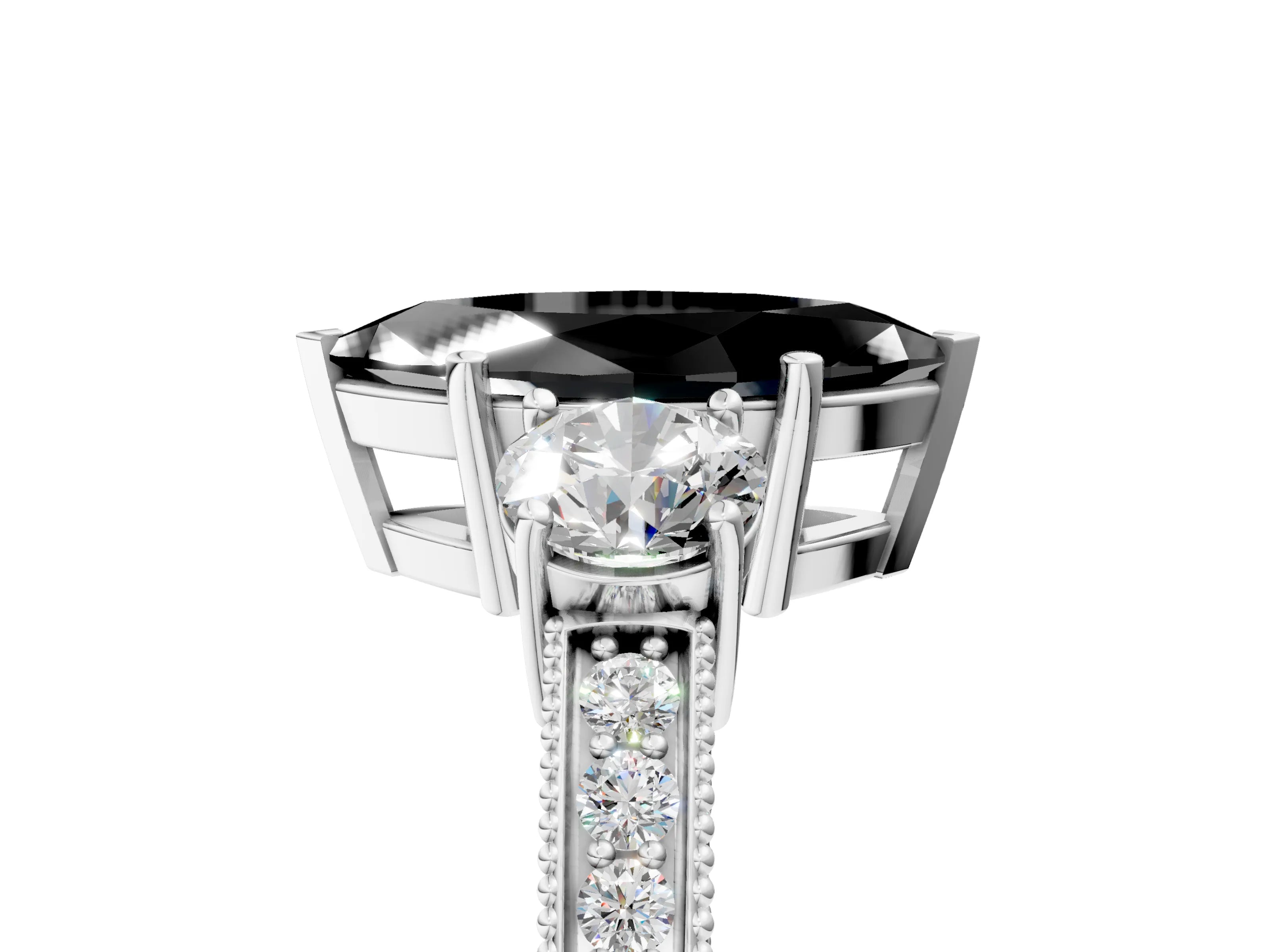 White gold Fancy Black Marquise Cut Three-Stone Diamond Ring with Pavé Band and Four-Prong Setting_17