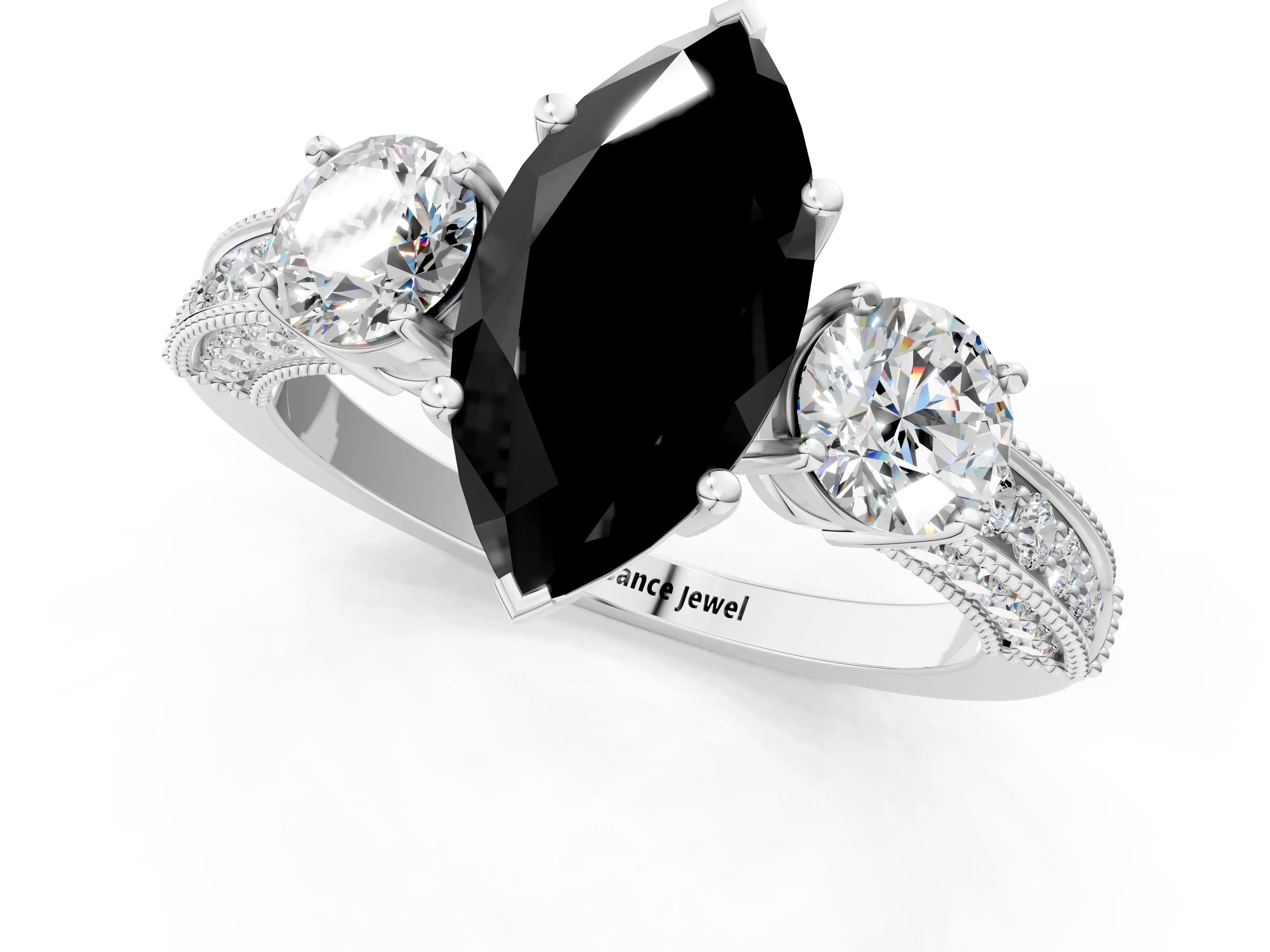 White gold Fancy Black Marquise Cut Three-Stone Diamond Ring with Pavé Band and Four-Prong Setting_1