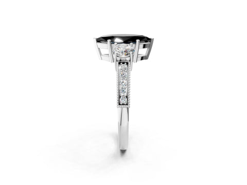 White gold Fancy Black Marquise Cut Three-Stone Diamond Ring with Pavé Band and Four-Prong Setting_2